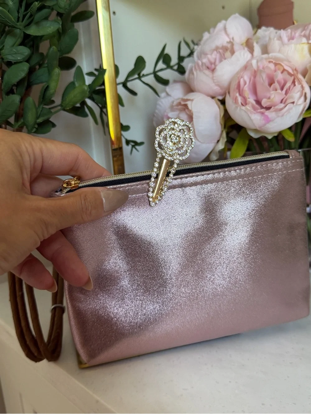 Metallic pink Wristlet Pouch - Elegant Clutch Bag w camellia clip